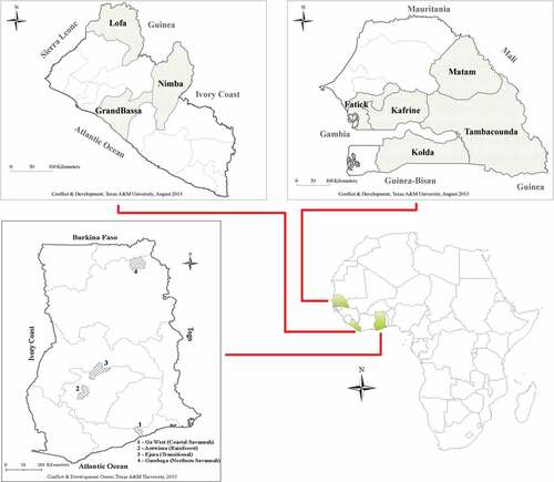 Figure 1. Study locations of Ghana (Bottom), Liberia (Top left), and Senegal (Top right).