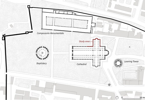 Figure 1. Piazza dei Miracoli, Pisa: main monuments and location of the study area.