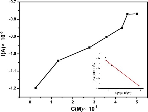 Figure 8 Adsorption isotherm of drug A3 on CT-DNA/Au. The solid line corresponds to the Langmuir model. Inset: The relationship between 1/[DRUG] and 1/ΔIP.