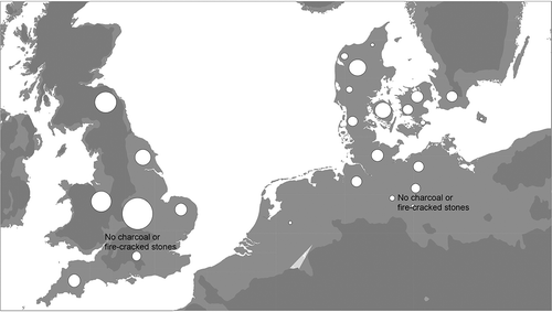 Figure 2. Distribution map of (fire) pit alignments known from northern Europe, including Britain, the Netherlands, Germany, Denmark and Sweden. The features vary in date, from the Late Neolithic to the Early Iron Age. Based on Heidelk-Schacht (Citation1989), Lütjens (Citation1999) and Kristensen (Citation2008) with additions.