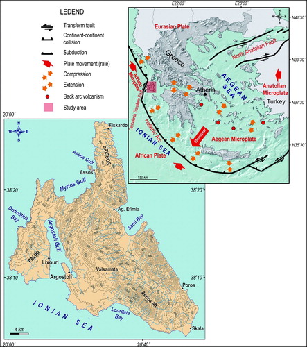 Figure 1. Topographic map of Cephalonia Island and location map depicting the geodynamic setting of the broader Aegean area (geodynamic setting map is based on CitationGaki-Papanastasiou, Maroukian, Karymbalis, & Papanastassiou, 2011).