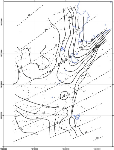 Figure 2. Regional (dashed contours, 10 mGal interval) and residual (solid contours, 5 mGal interval) gravity anomalies for the southern TVZ. Gravity stations black dots.