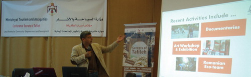 Fig. 1:. Khaled Khawaldeh gives a presentation on the principles and work of the Dana Cooperative at the ‘Secrets of Tafileh: local assets for community empowerment and development’ conference, 2 April 2014. This community based project builds on the success of the Dana Biosphere Reserve as an eco-tourism destination. Photo: Firas Bqa’in