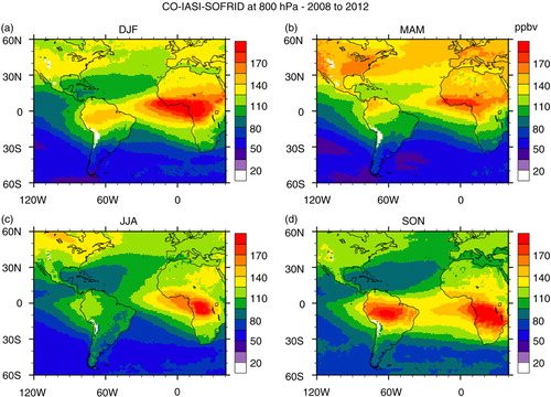 Fig. 9 Seasonal maps of carbon monoxide mixing ratio in ppbv at 800 hPa retrieved from IASI measurements on board MetOp-A satellite: (a) DJF; (b) MAM; (c) JJA; and (d) SON based on data from years 2008 to 2012.