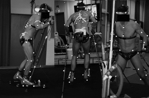 Figure 1. Data collection on the treadmill. Markers placed medially on the ankle, knee and elbow were removed for the actual trials, and the sternum and upper pole markers were excluded in the analysis due to frequent data gaps or marker detachments.