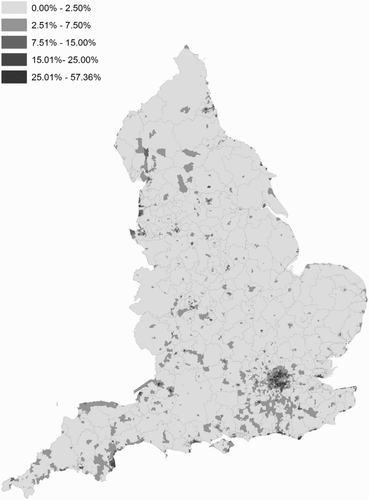 Figure 1. Census 2011 – “Flat, maisonette or apartment: part of a converted or shared house (including bedsits)” percentage by ward, data via Nomis. Created under the auspices of the Centre for Urban Policy Studies, University of Manchester. Boundary data provided through EDINA UKBORDERS with the support of ESRC JISC. Boundary material is copyright of the Crown.