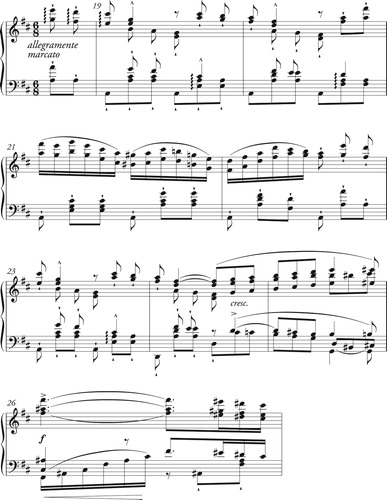 Example 5b. Liszt’s 1839 arrangement of Donizetti’s Barcarolle from the collection of arias and nocturnes Nuits d’été à Pausilippe (1836), bars 19–26.