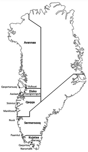 Figure 1. The figure illustrates Greenland’s 5 healthcare regions (Avannaa, Disko, Qeqqa, Sermersooq and Kujataa). The 11 towns included in the present study (Qeqertarsuaq, Ilulissat, Aasiaat, Qasigiannguit, Sisimiut, Maniitsoq, Nuuk, Paamiut, Qaqortoq, Narsaq, Nanortalik) are also illustrated at the map.Note: The remaining towns in the different healthcare regions are not shown on the map.