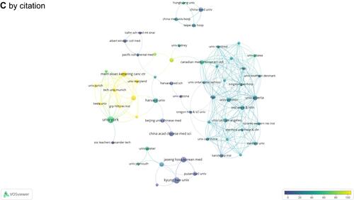 Figure 2 (A) Network map of the six clusters of organizations. (B) Network map of the organizations according to the average publication year. (C) A network map of organizations according to the average citations.