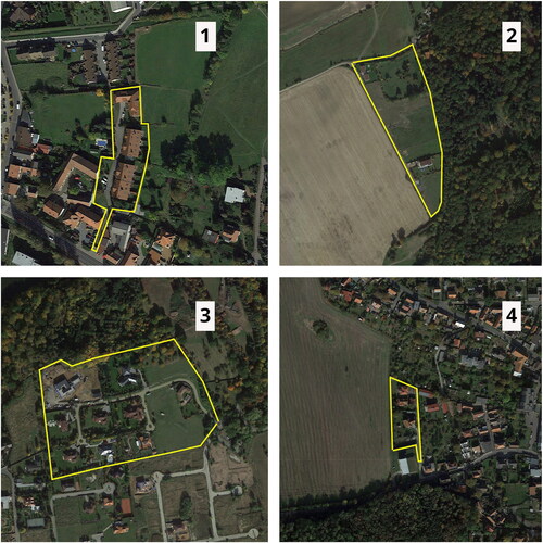 Figure 2. Aerial view on gated communities and their surroundings: 1) Infill development in Jesenice, a narrow corridor leads to the gated community. 2) Gated community in Jesenice standing alone surrounded by agricultural land and nature. 3) Gated community as adjacent development, mainly surrounded by a natural park. 4) Gated community as adjacent development in Odolena Voda, ‘a posteriori’ gating.Source: Google Maps, 2021.