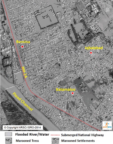 Figure 9. Flood inundation observed in parts of Bemina, Iqbalabad and Batamaloo area, Srinagar from high-resolution IRS Cartosat image of 9 September 2014.