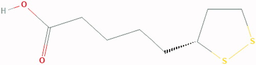 Figure 3. Chemical Structure of lipoic acid: 5-[(3R)-dithiolan-3-yl] pentanoic acid.