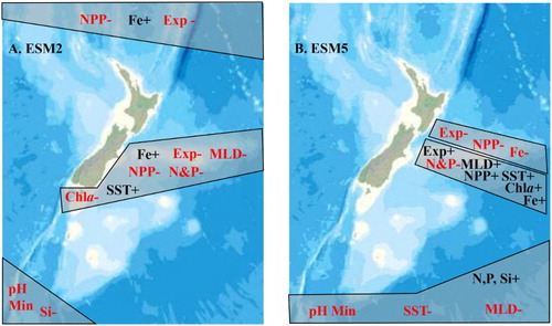 Figure 14. Regional extremes for climate-sensitive variables in the surface ocean around New Zealand projected for 2080–2100 using A, ESM2 and B, ESM5. The shaded areas represent potentially vulnerable regions, where two or more variables show significant change relative to the NZ mean. The change response is indicated by colour and sign, with a significant decrease indicated in red with a – symbol, and a significant increase in black with a +symbol. Key: SST: Sea Surface Temperature; MLD: Mixed Layer Depth; N&P: Nitrate and Phosphate; Si: Silicate; Fe: Dissolved Iron; Chla: Chlorophyll-a; NPP: Integrated Primary Production; Exp: Particle flux; pH Min: lowest regional pH.