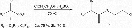 Scheme 1. Alcoholysis reaction of 2-bromo-2-perfluoroalky acids 1 with the 2-chloroethanol.