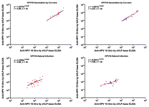 Figure 1. The correlation between antibody titers measured by the eVLP-based ELISA and the bVLP-based ELISA in double positive samples from the evaluation panel. An evaluation panel containing serum samples collected from 60 unvaccinated donors and 30 volunteers who had received 3 doses of Cervarix® was assessed by both the eVLP-based ELISA and bVLP-based ELISA. Data of pre-vaccination sera and post-vaccination sera were showed in separate pictures. All the 30 post-vaccination sera were double positive by both two methods for both HPV types, while only 30 and 24 pre-vaccination sera were double positive for HPV 16 and HPV 18 separately. eVLP-based ELISA: Escherichia coli (E. coli)-expressed human papillomavirus L1 virus-like particle (VLP)-based ELISA; bVLP-based ELISA: Baculovirus-expressed human papillomavirus L1 virus-like particle (VLP)-based ELISA.