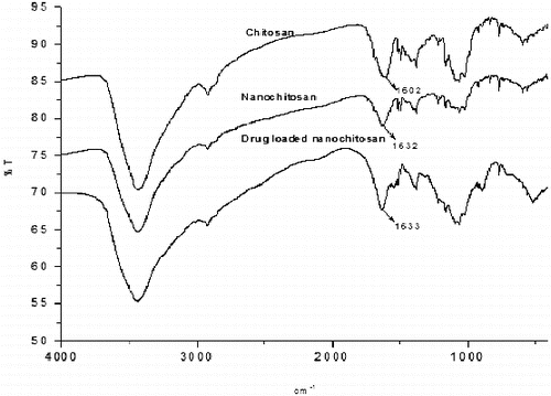 Figure 2. FT-IR spectrum of chitosan, nanochitosan and drug-loaded nanochitosan.