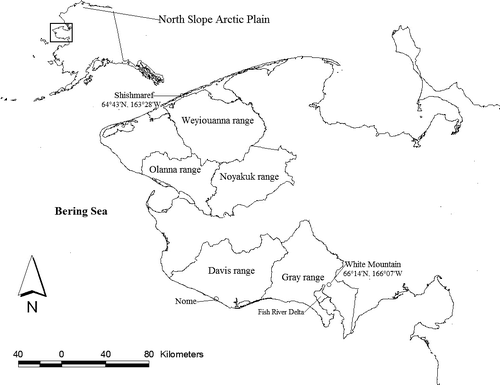 FIGURE 1 Reindeer ranges of the Seward Peninsula, Alaska where study was conducted. [please add latitude and longitude and resubmit this figure]