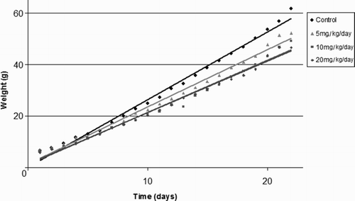 Figure 1.  Postnatal body weight development of male offspring exposed to fluoxetine (5 mg/kg, n = 10; 10 mg/kg, n = 8; 20 mg/kg, n = 10; and control, n = 10) via placenta and lactation.
