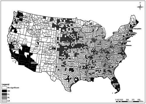 Figure 4. A BiLisa cluster map between the natural amenity scale and spatial lag of the number of hotels