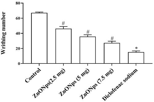 Figure 4. Antinociceptive upshot of ZNO-NP in the nociception induced by acetic acid in mice. All values are illustrated as mean ± SD of six animals. The statistical significance level was calculated by one-way ANOVA followed by the Dunnet’s post hoc test; note: #p < .05 when compared with control group and *p < .05 when compared with ZnONPs administered groups.