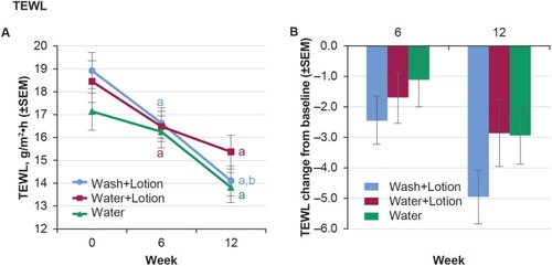 Figure 4 Skin barrier function. (A) TEWL over time and (B) Change in TEWL from baseline.