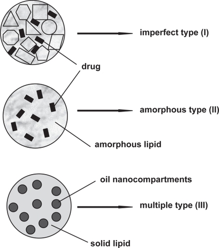Figure 2 Types of NLC: (I) imperfect type, (II) amorphous type and (III) multiple type.