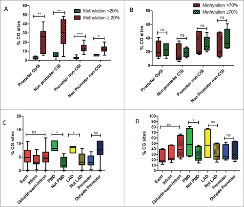 Figure 3. (A) Box-plots of percentage of CG sites covered by DREAM method and gaining DNA methylation, whether located in promoters or outside promoters according to their methylation levels in normal livers. Green is related to CG sites with methylation level < 20% in normal liver. Red is related to CG sites with methylation level ≥ 20% in normal liver. (B) Box-plots of percentage of CG sites covered by DREAM method and losing DNA methylation, whether located in promoters or outside promoters according to their methylation levels in normal livers. Green is related to CG sites with methylation level < 70% in normal liver. Red is related to CG sites with methylation level ≥ 70 % in normal liver. (C) Box-plots of percentage of CG sites gaining DNA methylation, according to different genomic regions. (D) Box-plots of percentage of CG sites losing DNA methylation, according to different genomic regions. Abbreviations: PMD: partially methylated domains; LAD: lamina associated domains. For statistical analysis: ns: non significant; *P-value < 0.05; **P-value < 0.001; ***P-value < 0.0001.