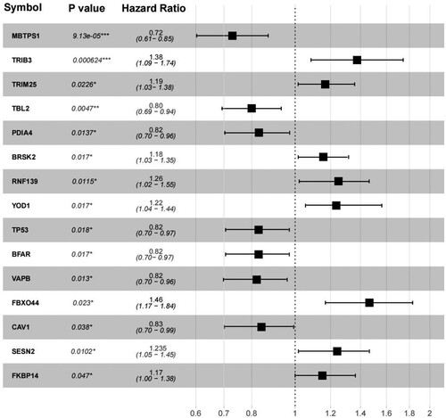 Figure 3. Forest map of ERS-related genes significantly associated with survival outcomes.