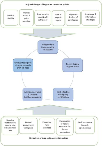 Figure 1. Summary of findings by selective coding method: successful implementation policies, key drivers, and major challenges of the government initiated large scale conversion programmes.