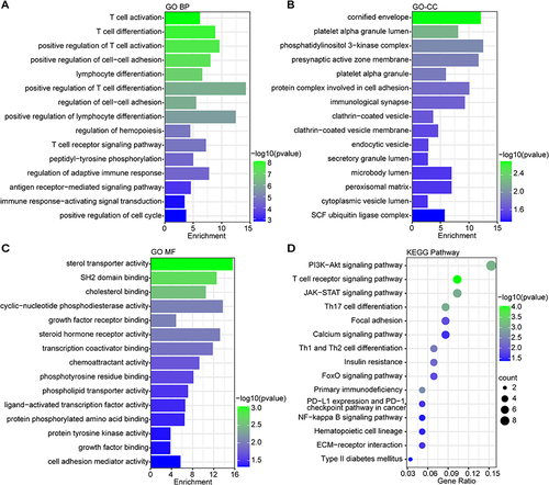 Figure 3 The enrichment analysis of common DEGs between PS and MDD. A-C. The GO enrichment analyses of common DEGs with P-value based on the KOBAS 3.0 database. Top 15 BP terms (A), Top 15 CC terms (B) and Top 15 MF terms (C) were shown. (D) The KEGG pathway enrichment analysis of communal DEGs on the ground of KOBAS 3.0 database. The size of the circle represents the number of genes involved, and the abscissa represents the frequency of the genes involved in the term total genes. P-value < 0.05 was considered significant.