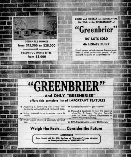 Figure 1. This advertisement for an upscale subdivision links materiality with subtext that points to a sense of health, safety, and social homogeneity. The Daily Progress, January 9, 1959.