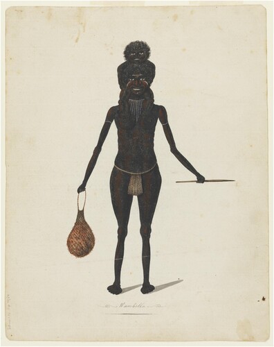 Figure 11. Richard Browne, Wambela, with child, 1817–22, watercolour and gouache. State Library of New South Wales.
