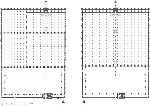 Figure 11. (a) Plan of the Mosque of Córdoba after its last Islamic expansion under al-Manṣūr (987-988); (b) Hypothetical plan of the Mosque of Córdoba if it had been built at once with its final capacity, size, and shape, drawn by the author, 2023