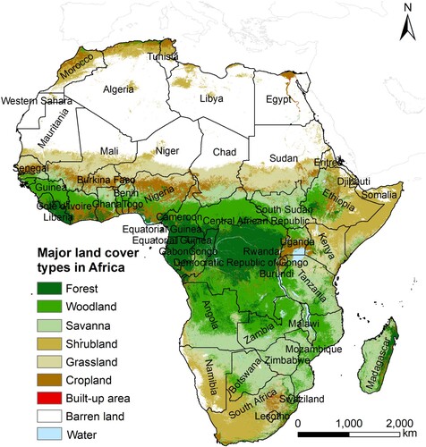 Figure 1. Land cover map in Africa. The land cover map was aggregated from the International Geosphere Biosphere Programme (IGBP) land cover layer of MODIS land cover type products (MCD12Q1) for 2010. Forest consists of evergreen needleleaf forest, evergreen broadleaf forest, deciduous needleleaf forest, deciduous broadleaf forest, and mixed forest. Woodland is comprised of woody savanna. Shrubland is comprised of closed shrubland and open shrubland.