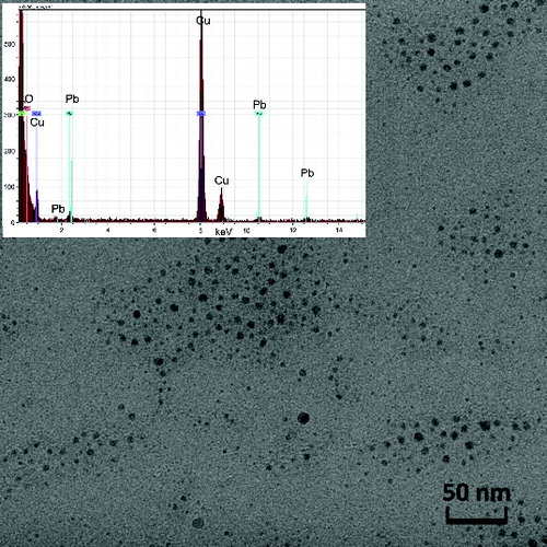FIG. 7. TEM image and EDS spectrum of the sample of NPs synthesized by pyrolysis of PbTHD2 at TR = 650°C, QR = 1000 cm3/min, and PPbTHD2 = 0.13 Pa.