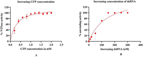 Figure 7. Effect of Substrate concentration on enzyme activity: (A) Michaelis Menten constant (Km) was calculated from the NTPase activity of the purified HEV helicase by varying the substrate (GTP) concentrations from 0 to 2.5 mM. The graph for NTPase activity was fitted using the Mechalis-Mentenn equation, and the calculated Km value was found to be 0.35 mM (Figure 7(A)). The unwinding activity of purified HEV helicase was also determined using double-strand RNA as a substrate. Different concentrations of dsRNA ranging from 0 to 300 nM were used to calculate the Km value. The graph was again fitted with the Mechalis–Menten equation, and the estimated Km value for dsRNA as a substrate was found to be ∼100 nM. All data points in the graph represent the mean or average value of the triplicate readings, and the error bars indicate the standard deviation.