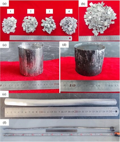 Figure 1. Images of experimental materials at different steps: (a) small pieces cut from the four scrap AA6063 profiles, (b) blend of the small pieces from different scrap profiles, (c) a small piece compact, (d) a forging compact, (e) 9:1 rod, (f) 25:1 rod.
