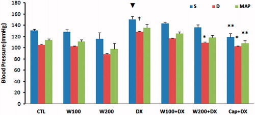 Figure 1. Blood pressure in different animal groups. n = 6–8. Values are mean ± SEM. S: systolic pressure; D: diastolic pressure; MAP: mean arterial pressure; CTL: control; W100: animal group which received 100 mg/kg/d of walnut extract; W200: animal group which received 200 mg/kg/d of walnut kernel extract; DX: animal group which received dexamethasone 0.03 mg/kg/d; W100 + DX: animal group which received 100 mg/kg/d walnut extract + dexamethasone; W200 + DX: animal group which received 200 mg/kg/d walnut extract + dexamethasone; Cap + DX: animal group which received 25 mg/kg/d captopril + dexamethasone. ▾p < 0.01 vs. W200 group, †p < 0.05 vs. CTL and W100 groups, *p < 0.05 vs. DX group, and **p < 0.01 vs. DX group.