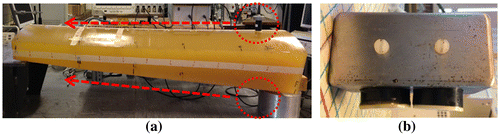 Figure 1. (a) A through transmission ultrasonic measurement of the thick polyurethane sample using two piezocomposite probes (locations identified by the red dashed circles); these could scanned in unison along the sample in the direction of the arrow. (b) A pair of spring-loaded piezocomposite transducers devices used for single-sided pitch-catch measurements.