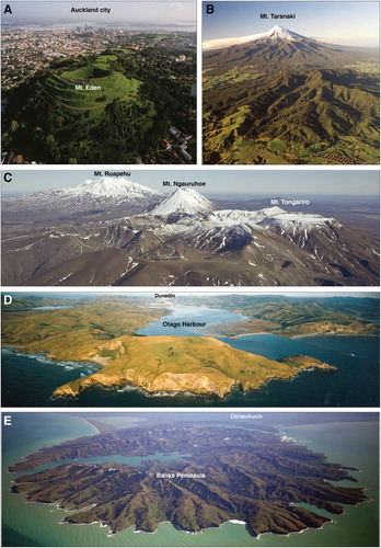Figure 2. Some volcanic landscapes of New Zealand. A, Mount Eden in the Auckland Volcanic Field. B, Mount Taranaki. C, Arc volcanoes of the southern Taupō Volcanic Zone. D, Intraplate Dunedin Volcano of the Dunedin Volcanic Group. E, Intraplate Banks Peninsula volcano. Image credits Lloyd Homer, GNS Science.