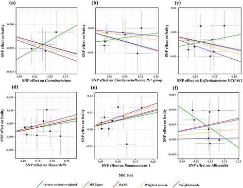 Figure 6. Scatter plots for causal effects of gut microbes on frailty.