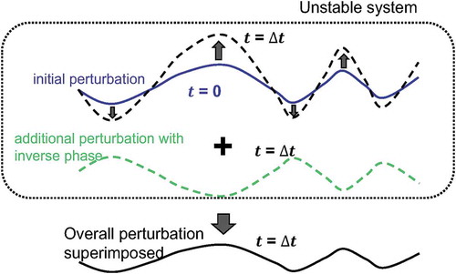 Figure 11. Perturbation mitigation mechanism. In an unstable plasma, a perturbation grows in time. At t=Δt, if another perturbation with the inverse phase is applied to the system, the overall perturbation superimposed is mitigated, similar to the feedforward control