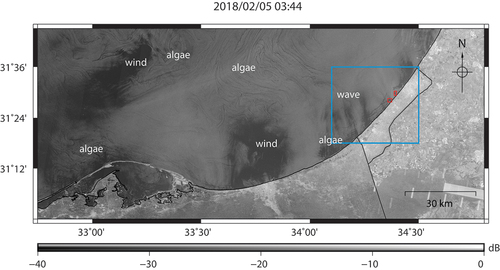 Figure 4. An example of look-alikes shown in Sentinel-1 SAR data along with some visible land sourced oil spills. The blue rectangular area has regular land sourced oil spills, which are annotated with red bounding boxes. Apart from oil spills, there are dark formations due to algae blooms (spiral patterns), low wind areas (near algae blooms) and possible wind and wave effects (in coastal area near oil spills).