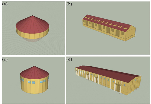 Figure 8. Models of the four selected granaries: (a) Liyang underground silo; (b) Yingyi charitable granary; (c) Tuyuan silo and (d) Modern horizontal warehouse.