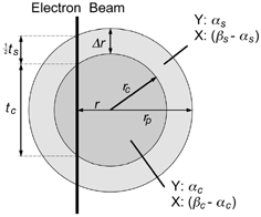 FIG. 2 Schematic of a simple radially symmetrical particle with mixing of components X and Y between the core and shell.