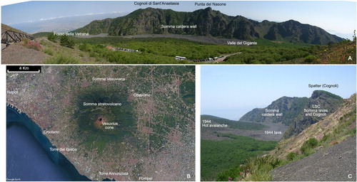 Figure 1. (A): View from Vesuvius cone; in the background the Somma inner caldera wall; in the foreground 1944 lava flow. (B): Somma-Vesuvius (Google Earth image). (C): Valle del Gigante, view from Mt. Somma, Cognoli di Levante. In the foreground Somma spatter cone (Cognoli) and lavas (LSC formation in the main map), and in the background, 1944 lava (lv20 in the main map, centre of picture) and 1944 hot avalanche deposits (1944 va in the main map) overlying the lava flow and Colle Umberto exogenous lava dome (left).