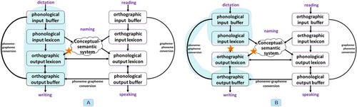 Figure 2. Two possibilities for the locus of disconnections in disconnection surface dysgraphia. (a) disconnection only from the semantic system to the orthographic output lexicon (OOL), (b) disconnections from the phonological input lexicon (PIL) and from the semantic system to the OOL. In dictation, lexical contribution in (a) is expected through PIL-OOL connection, and in (b) through a feedback between the OOL and the orthographic output buffer, supporting input from the sublexical route.