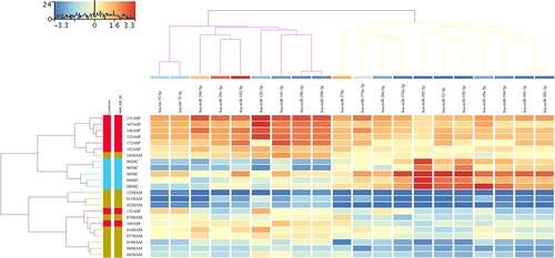 Figure 7. Heatmap showing the results of hierarchical cluster analysis (HCA) performed independently for the three sample groups and the 20 rigorously dysregulated (FDR ≤0.05 and FC of ≥ 5) mature miRnas. The sample cluster tree is shown on the left, with the miRNA cluster tree above forming two major clusters. The colour scale at the top indicates the relative expression level of sRNA in all samples. Red means that the expression levels are higher than the mean, while blue means that the expression levels are lower than the mean. Each column represents a known sRNA, and each row represents a sample.