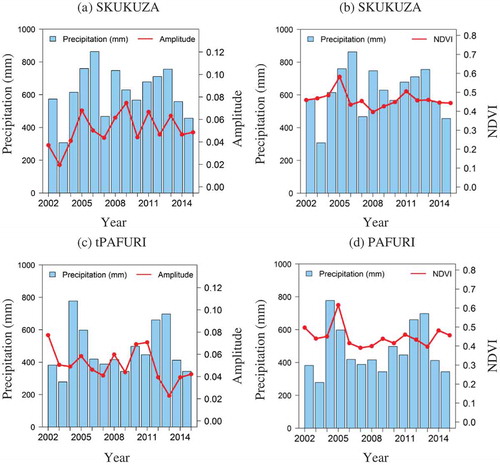 Figure 5. Annual precipitation data from weather stations and their corresponding phenology metrics from the MODIS NDVI (2002–2015), showing Skukuza with amplitude (a) and mean dry season NDVI (b), Pafuri with amplitude (c), and mean dry season NDVI (d), Mahlengeni with amplitude (e) and mean dry season NDVI (f), SATARA with amplitude (g), and mean dry season NDVI (h).