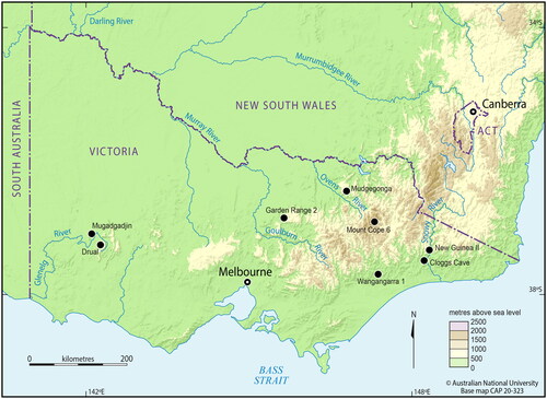 Figure 1. Map showing location of rockshelter and cave sites in elevated regions of Victoria mentioned in text.